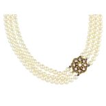 A THREE ROW PEARL AND DIAMOND NECKLACE in 18ct yellow gold comprising three rows of one hundred