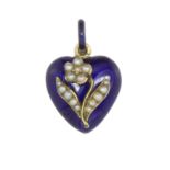 AN ANTIQUE PEARL AND BLUE ENAMEL FORGET ME NOT MOURNING PENDANT CIRCA 1840 in high carat yellow