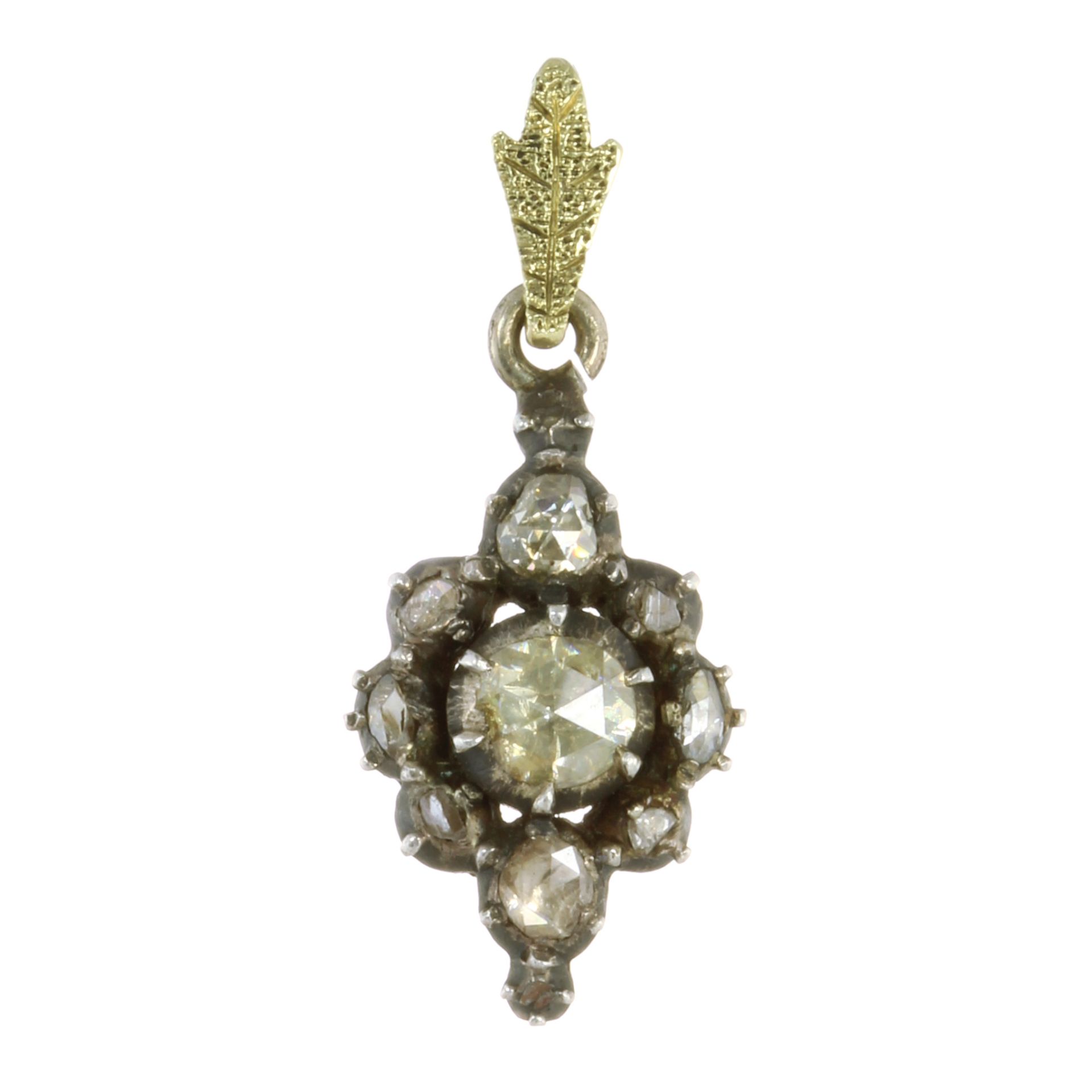 AN ANTIQUE DIAMOND PENDANT, DUTCH 19TH CENTURY set with a central rose cut diamond surrounded by a