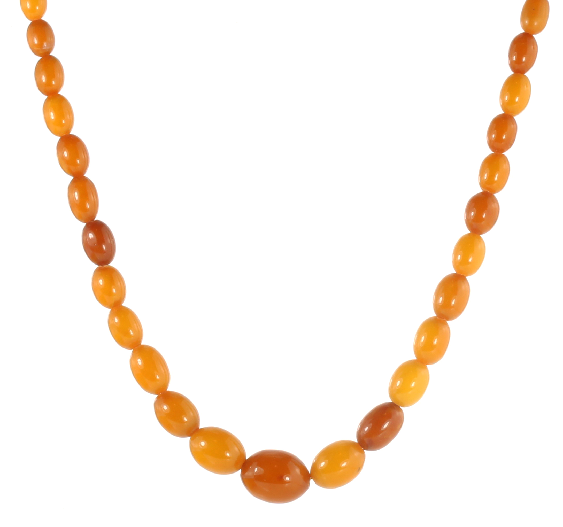 A NATURAL AMBER BEAD NECKLACE comprising a single row of forty-seven graduated polished oval beads