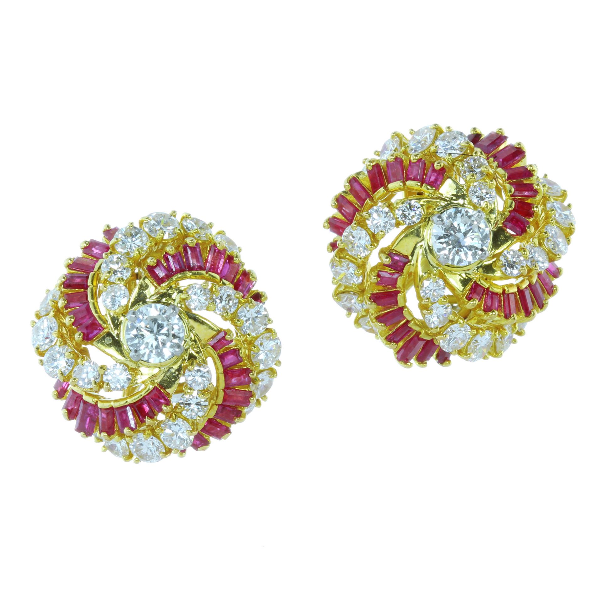 A PAIR OF VINTAGE DIAMOND AND RUBY EARRINGS, KUTCHINSKY CIRCA 1965 in 18ct yellow gold, each earring