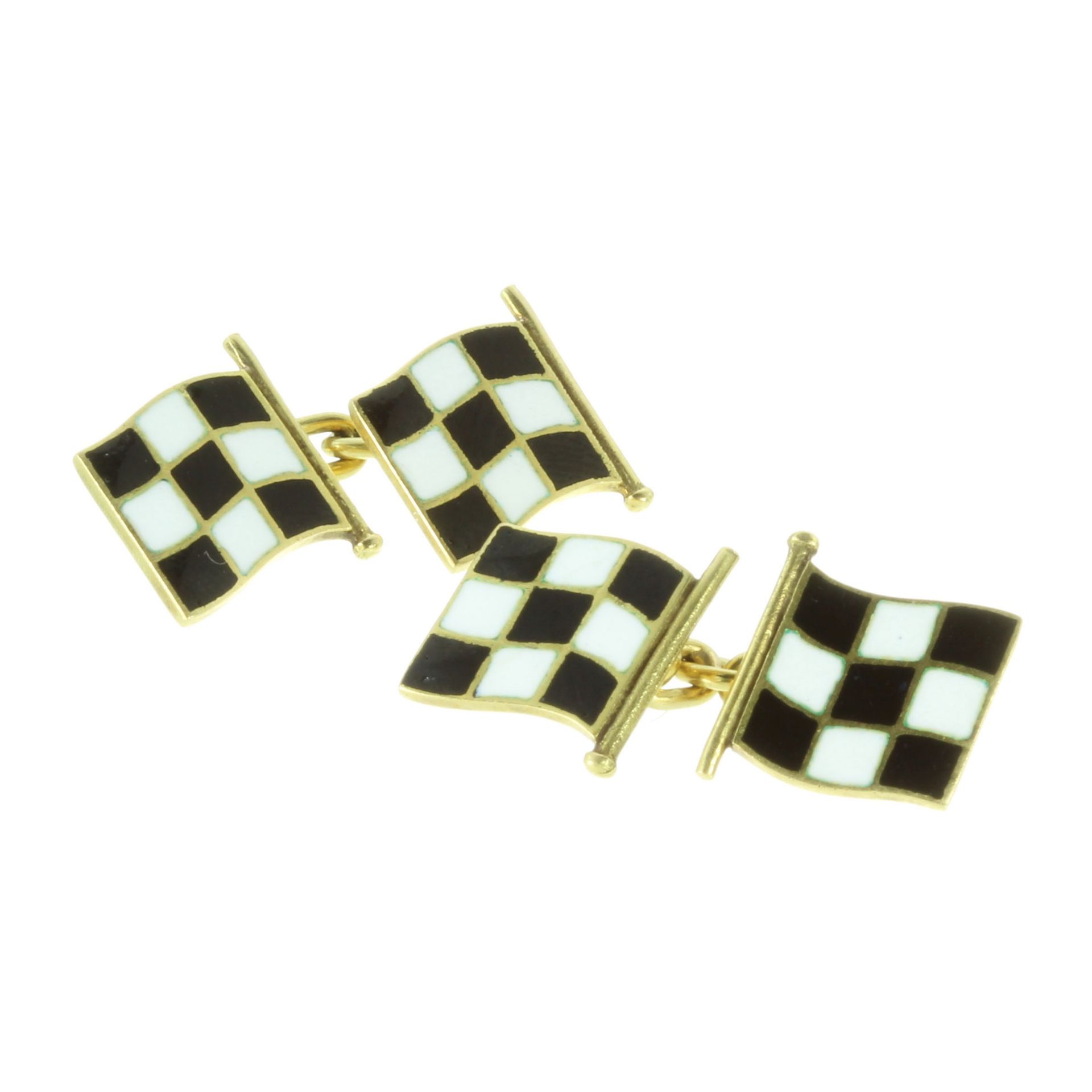 A PAIR OF ENAMEL RACING FLAG CUFFLINKS in yellow gold, each designed as two links in the form of