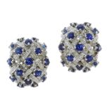 A PAIR OF BLUE SAPPHIRE AND DIAMOND HALF HOOP EARRINGS in white gold or platinum, each designed as a