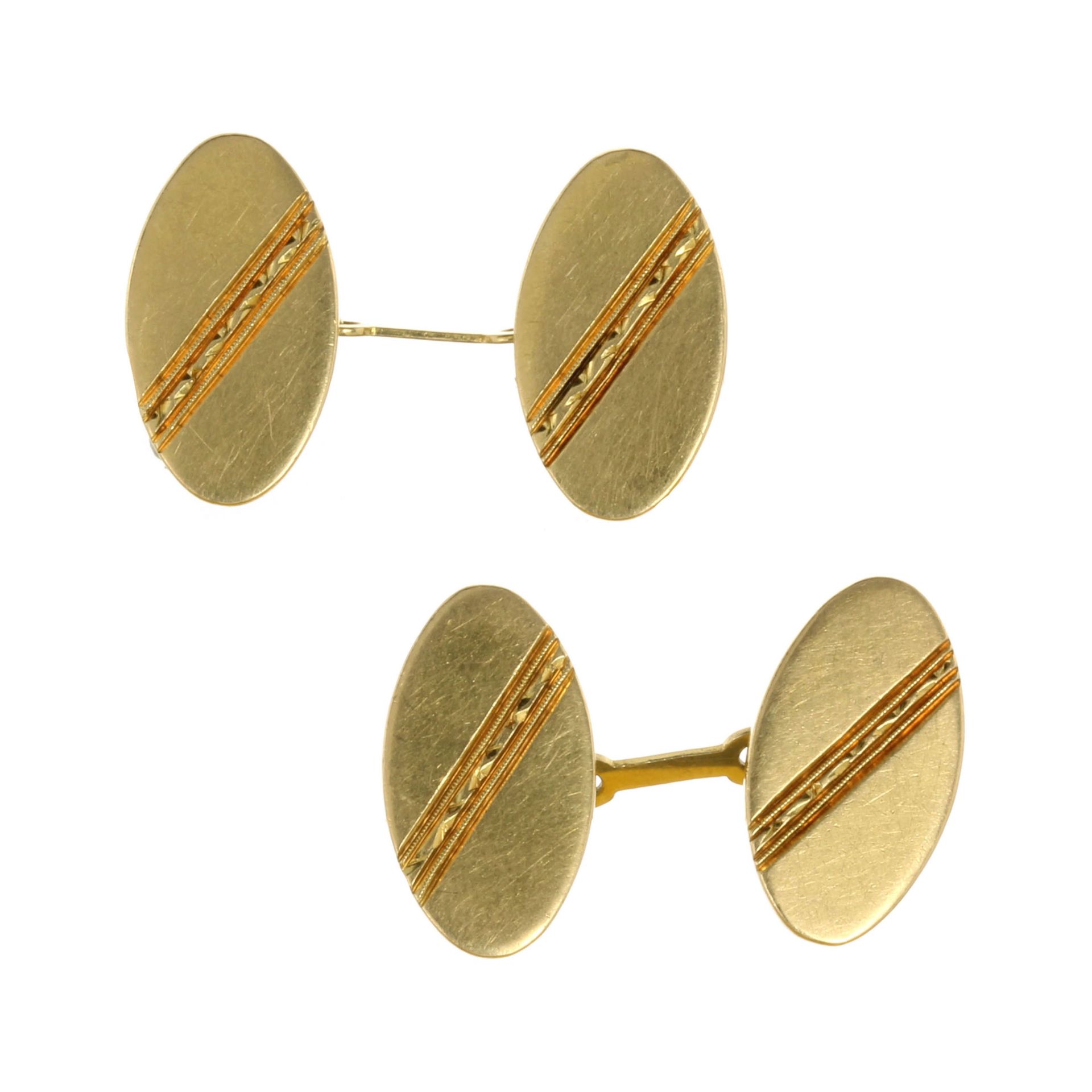 A PAIR OF VINTAGE CUFFLINKS POSSIBLY BY ROLEX in 18ct yellow gold each with two, connected oval