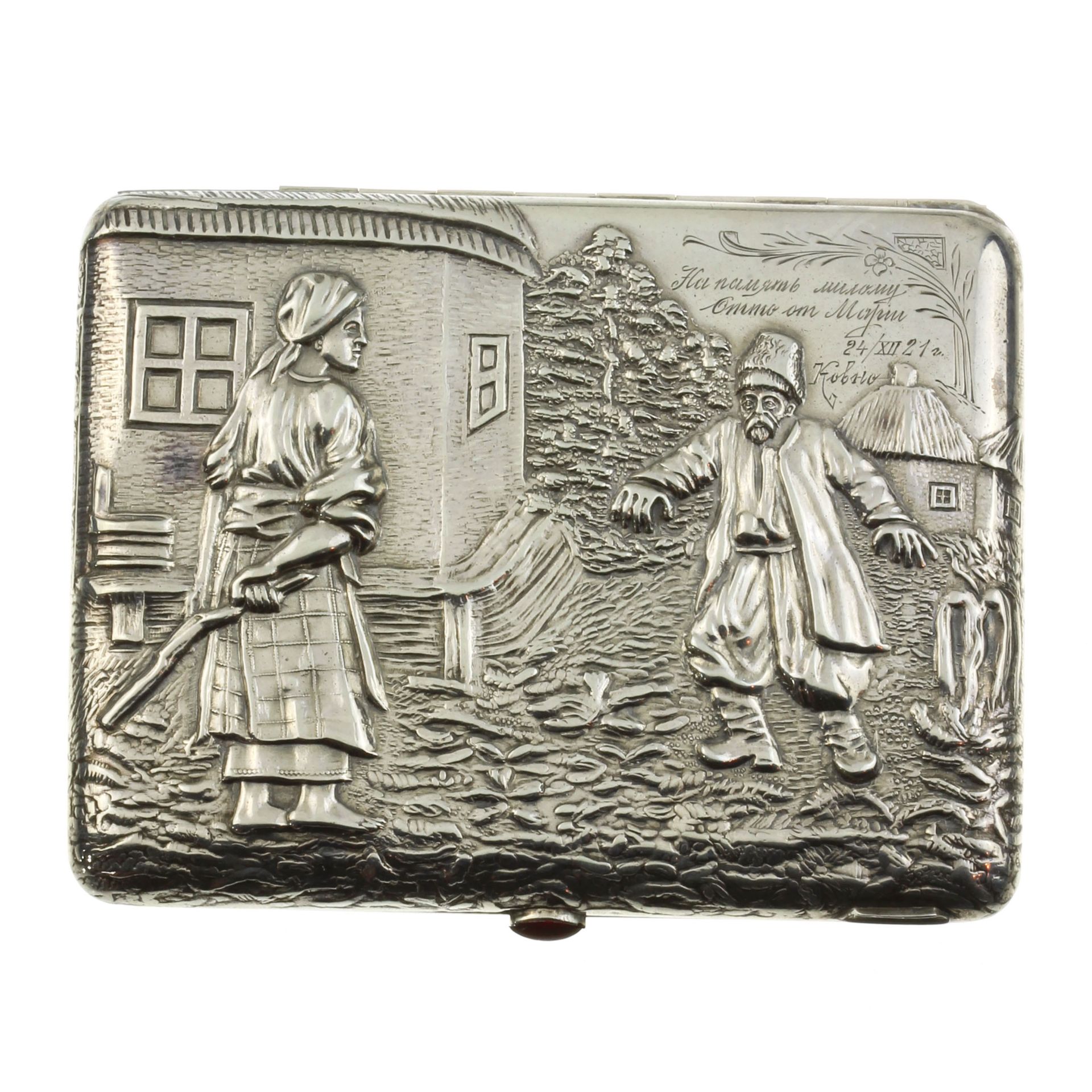 AN ANTIQUE CONTINENTAL SILVER CIGARETTE CASE with chased scene to the front and riveted arnorial and