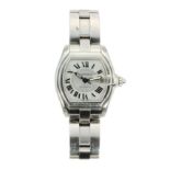 A STAINLESS STEEL ROADSTER WRIST WATCH, CARTIER the case 38.6mm, silver dial with white roman