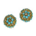 A PAIR OF TURQUOISE BEAD, YELLOW DIAMOND AND WHITE DIAMOND EARRINGS in yellow gold each designed