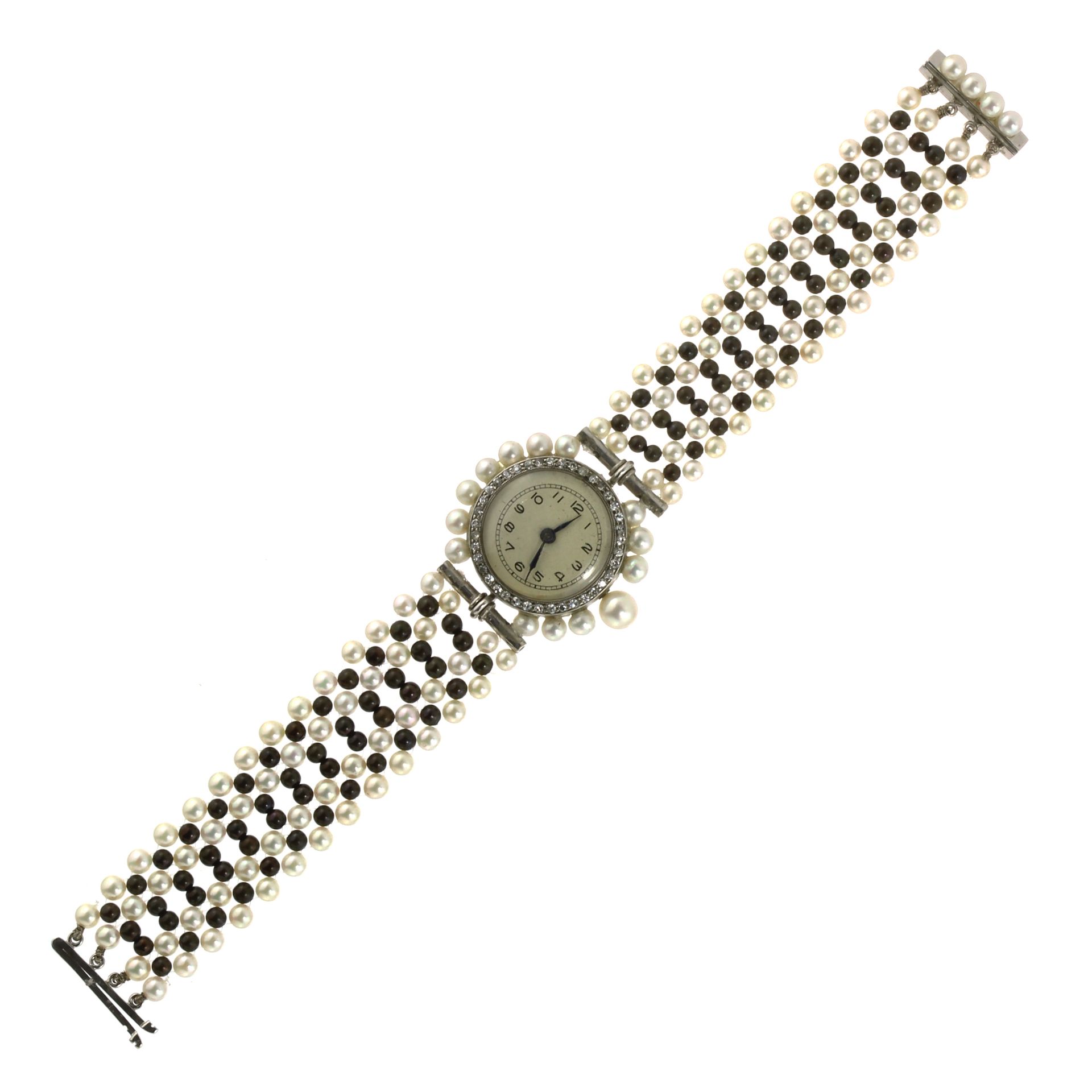 A PEARL AND DIAMOND COCKTAIL WATCH, CIRCA 1935 in 14ct white gold, the circular dial jewelled around