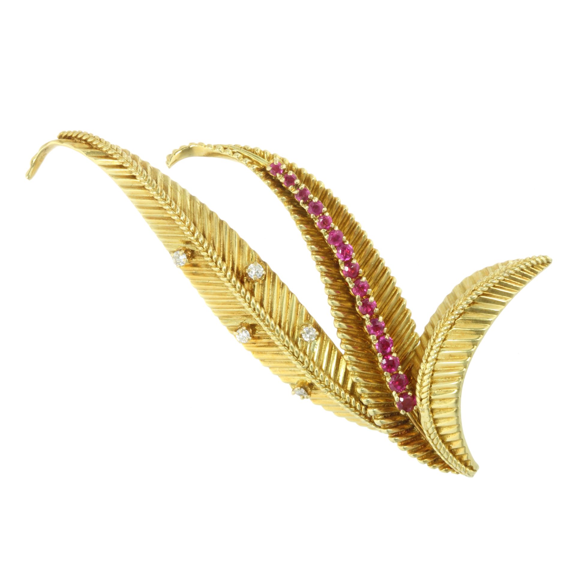 A VINTAGE RUBY AND DIAMOND FLORAL SPRAY BROOCH, 1961 in 18ct yellow gold, in the manner of Van Cleef