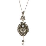 AN ANTIQUE DIAMOND PENDANT / BROOCH, FRENCH CIRCA 1860 in high carat yellow gold and silver, set