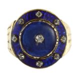 AN ANTIQUE ENAMEL AND DIAMOND DRESS RING in high carat yellow gold, the large blue enamel faced