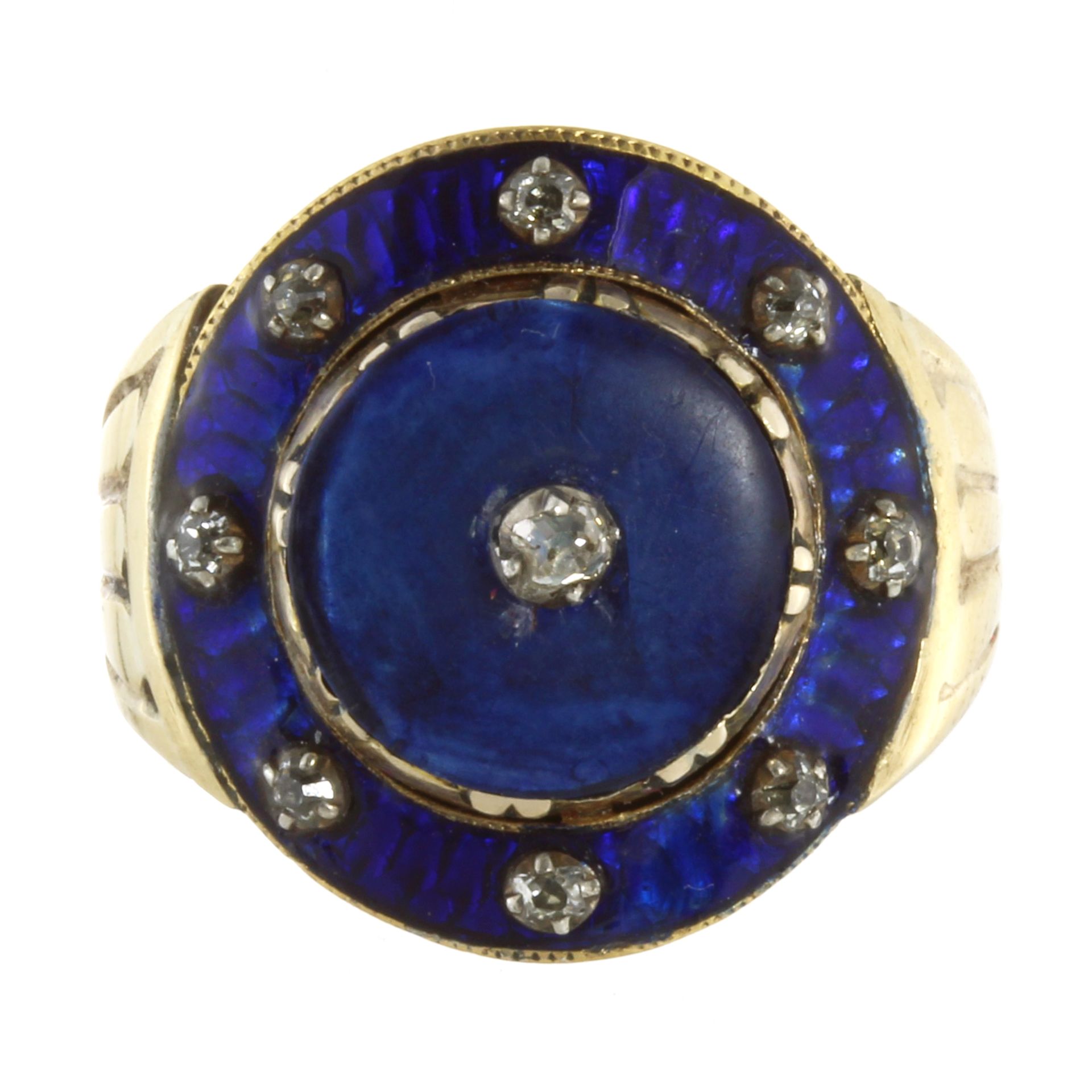 AN ANTIQUE ENAMEL AND DIAMOND DRESS RING in high carat yellow gold, the large blue enamel faced