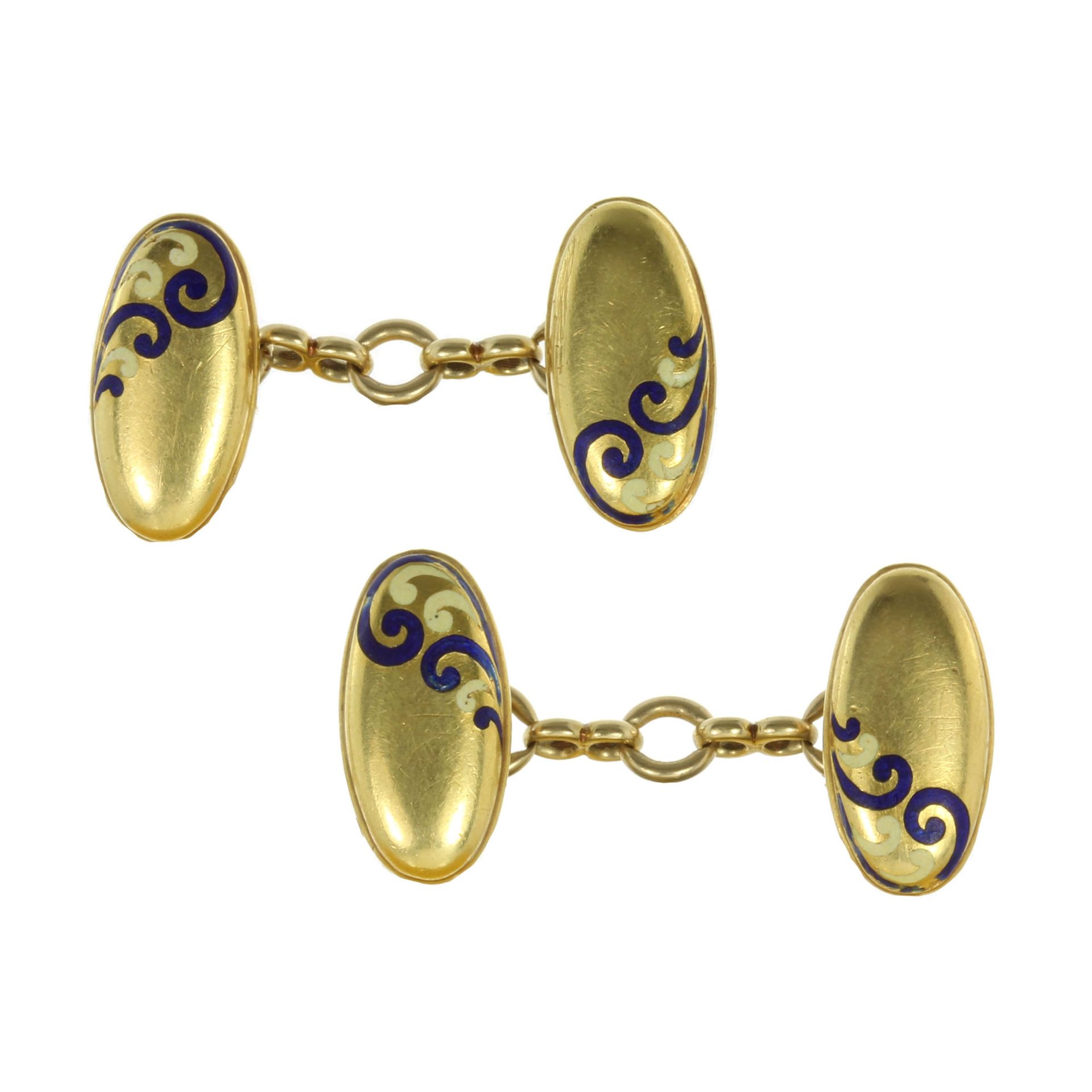 A PAIR OF ANTIQUE ENAMEL CUFFLINKS, CARLO & ARTHUR GIULIANO CIRCA 1880 in high carat yellow gold,