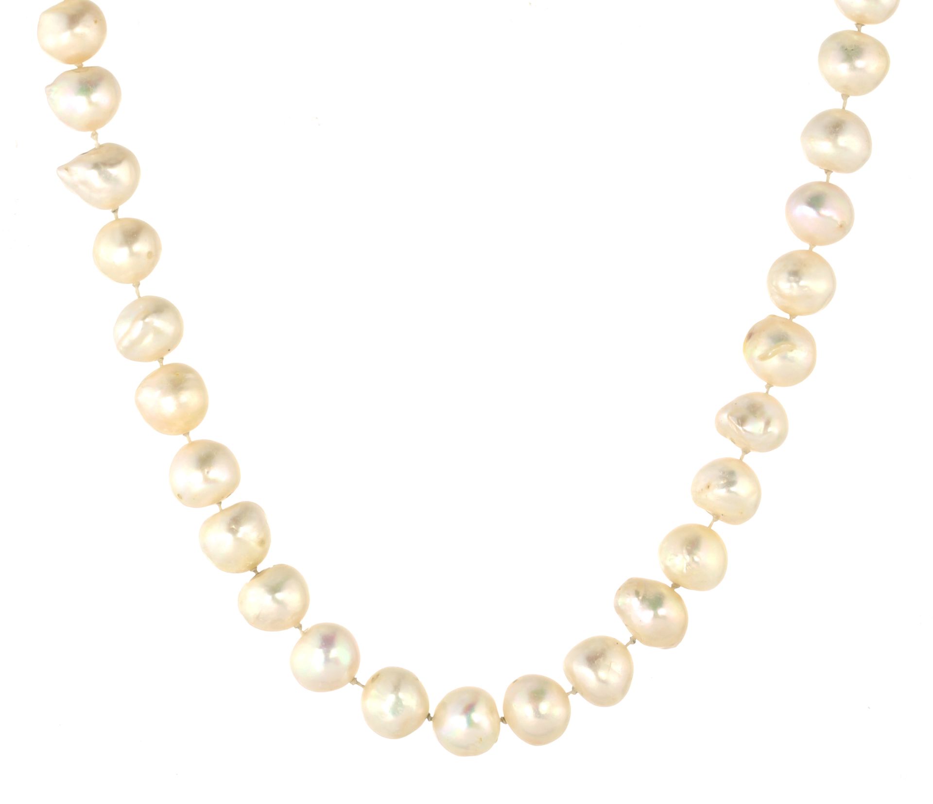 A PEARL NECKLACE in 18ct white gold, comprising a single row of sixty one pearls on a white gold