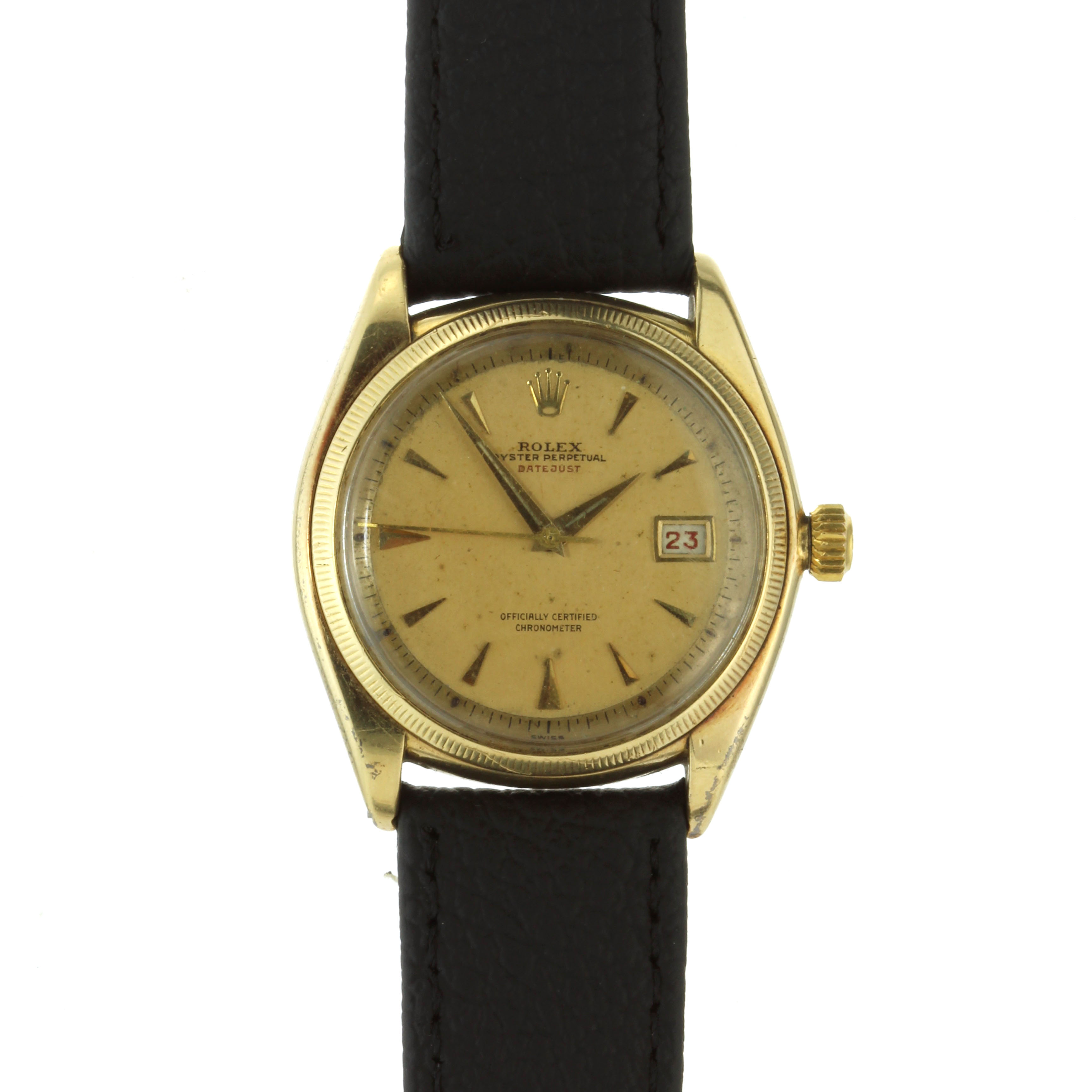 A VINTAGE ROLEX OYSTER PERPETUAL DATEJUST 'BIG BUBBLE' WRIST WATCH, CIRCA 1965 in 18ct yellow
