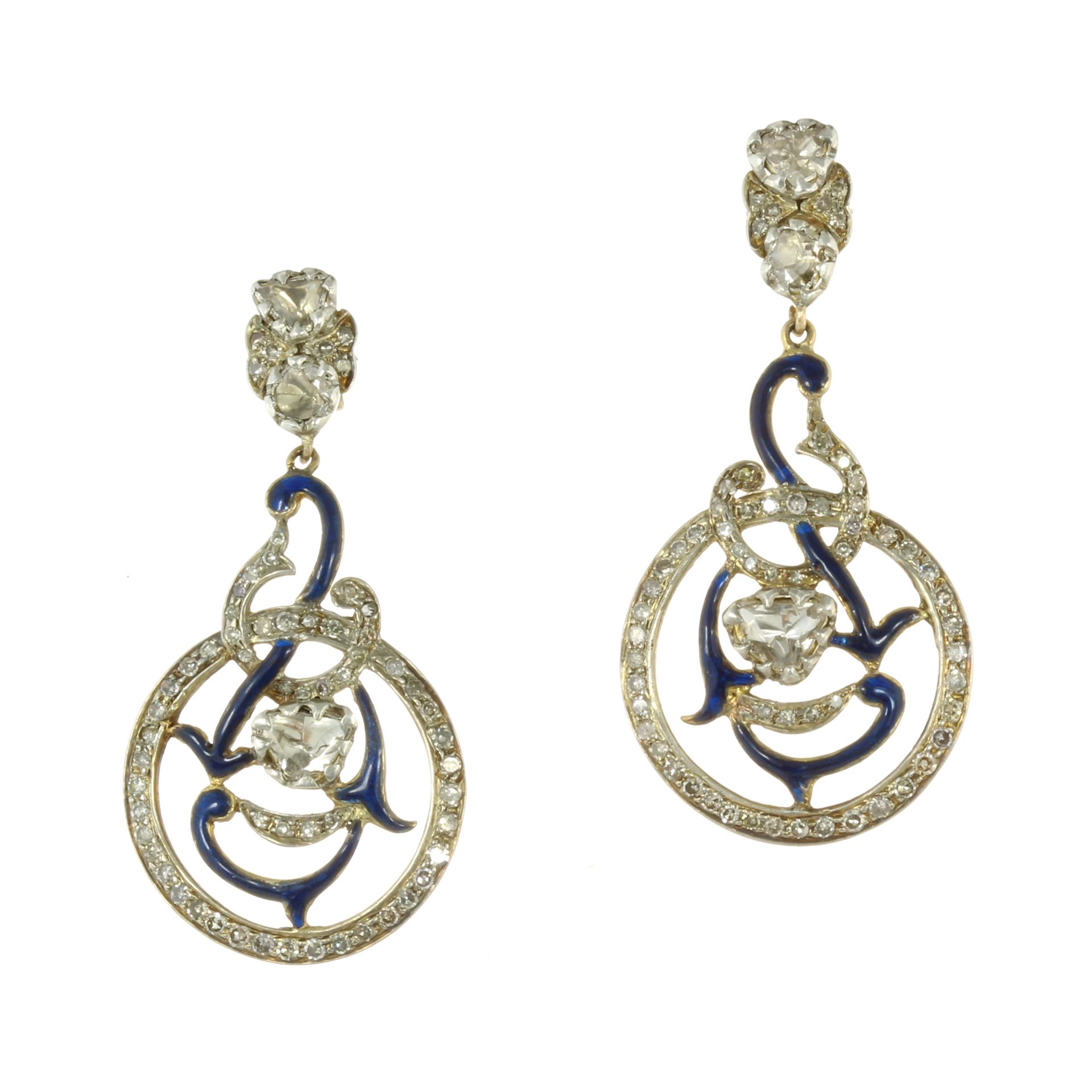 A PAIR OF DIAMOND AND BLUE ENAMEL EARRINGS in high carat yellow gold and silver, each set with a