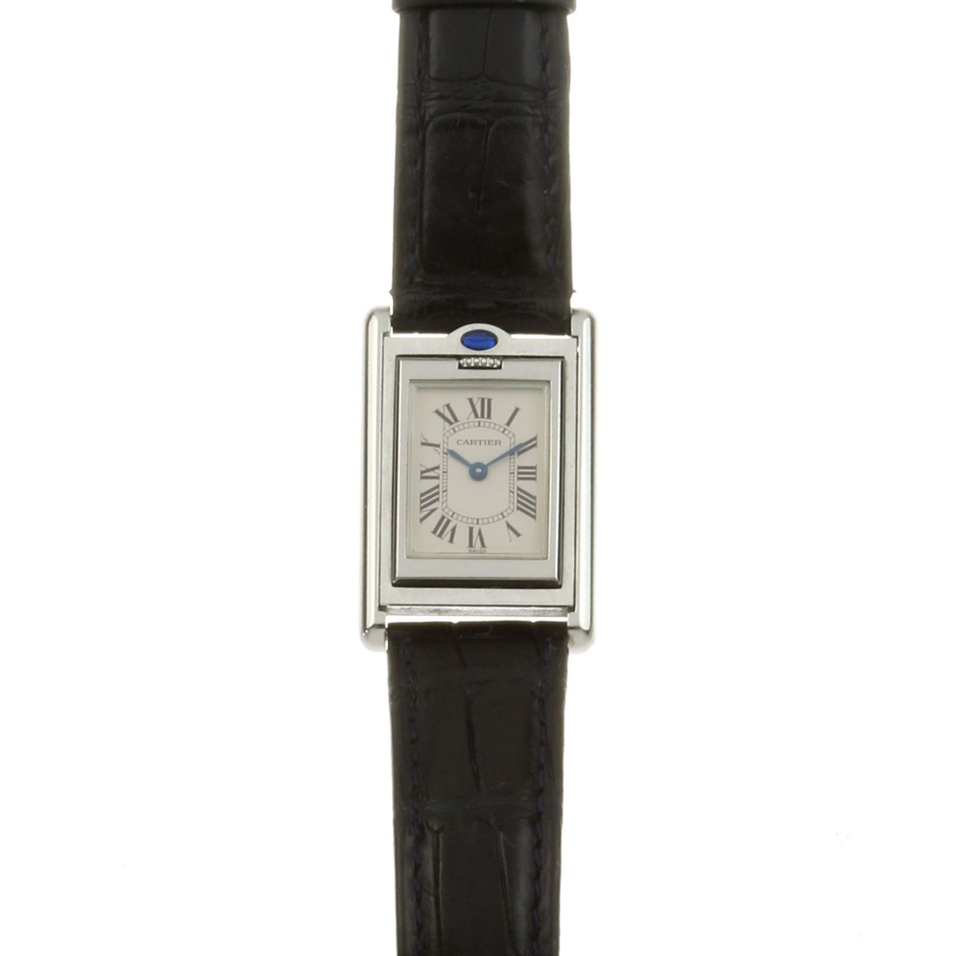 A CARTIER TANK BASCULANTE LADIES WRIST WATCH in stainless steel, the rectangular reversible face