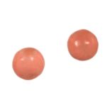 A PAIR OF CORAL BEAD STUD EARRINGS in yellow gold designed as single, polished coral beads with gold