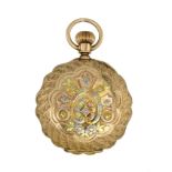 AN ANTIQUE DIAMOND POCKET WATCH BY ELGIN, CIRCA 1890 in 14ct vari-coloured gold, the circular case