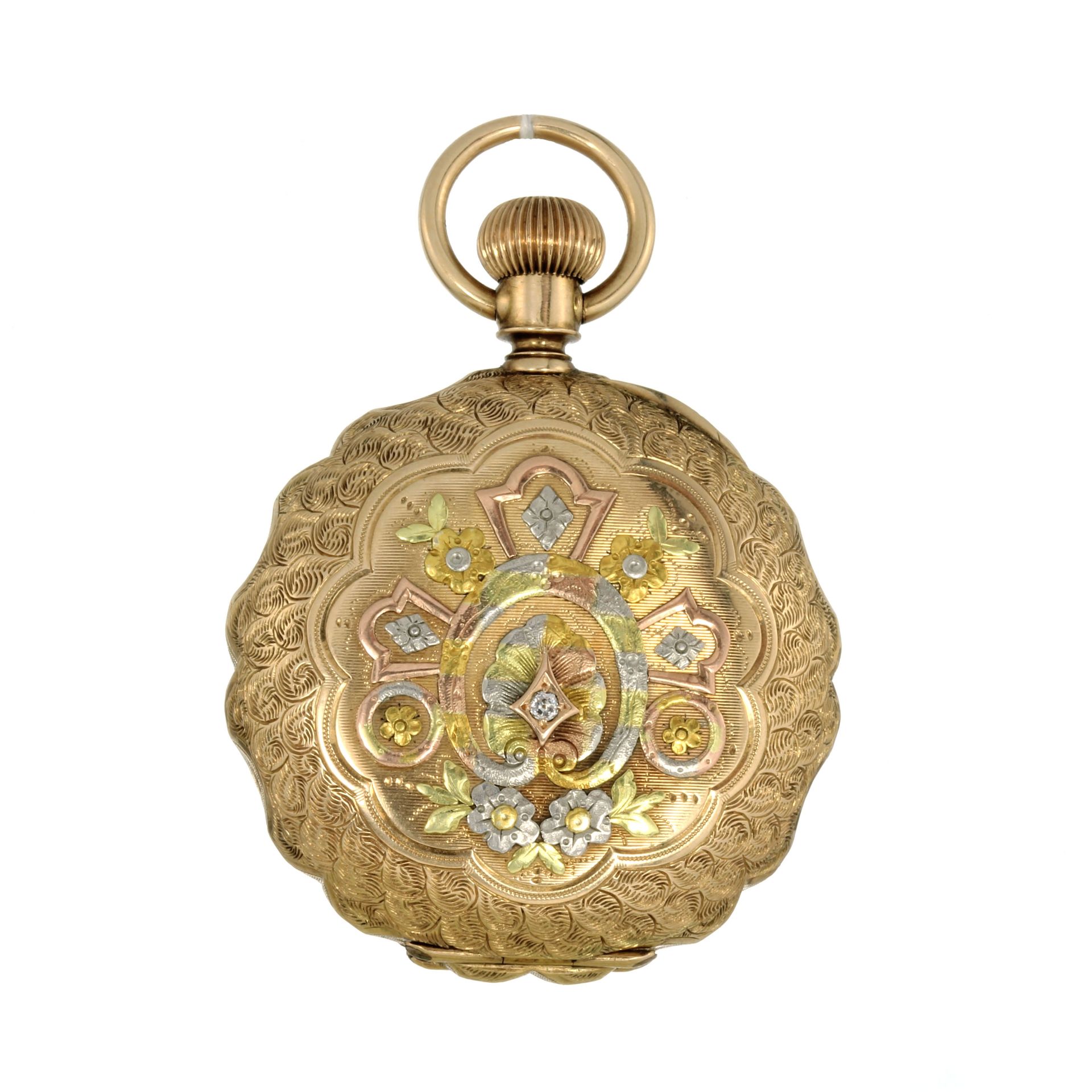AN ANTIQUE DIAMOND POCKET WATCH BY ELGIN, CIRCA 1890 in 14ct vari-coloured gold, the circular case