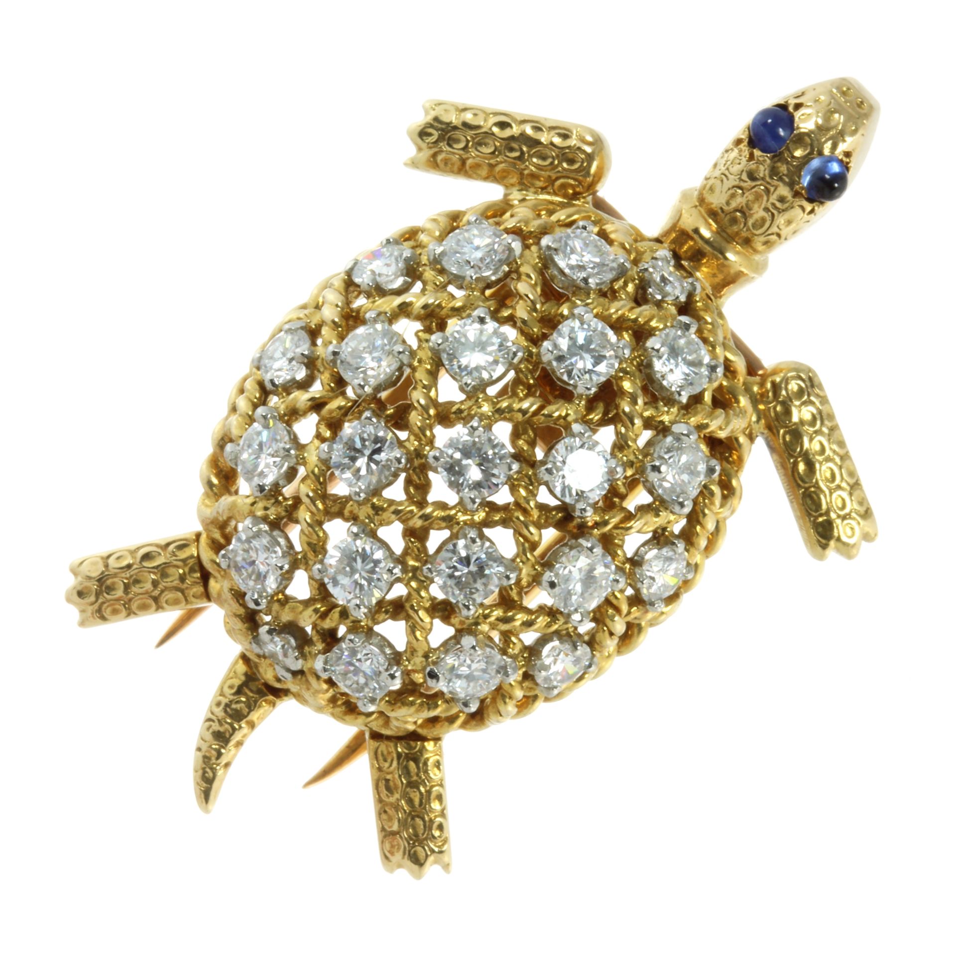 A DIAMOND AND SAPPHIRE TURTLE BROOCH, CARTIER in 18ct yellow gold modelled as a turtle, its shell