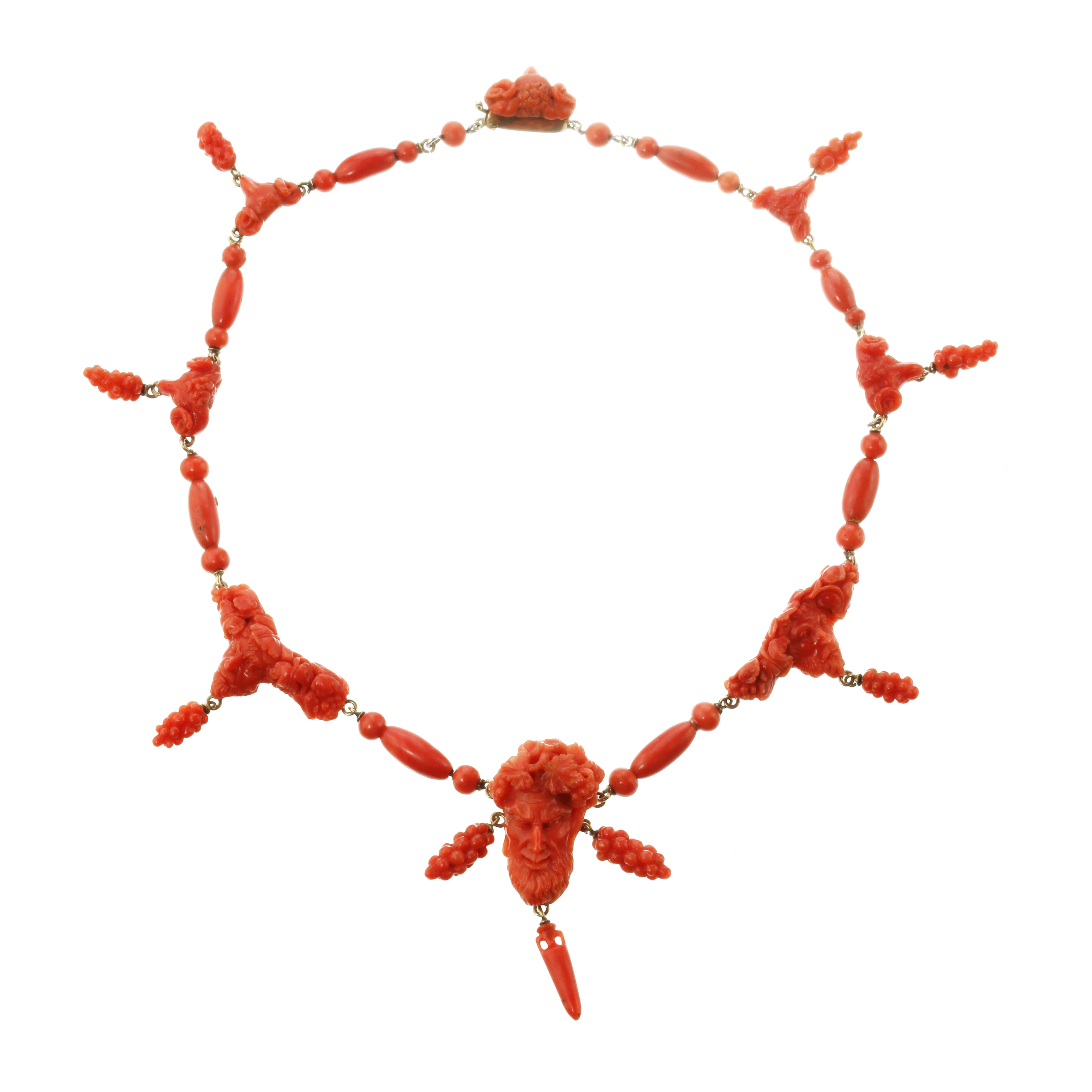 AN ANTIQUE CARVED CORAL NECKLACE, ITALIAN CIRCA 1840 in high carat yellow gold, the necklace