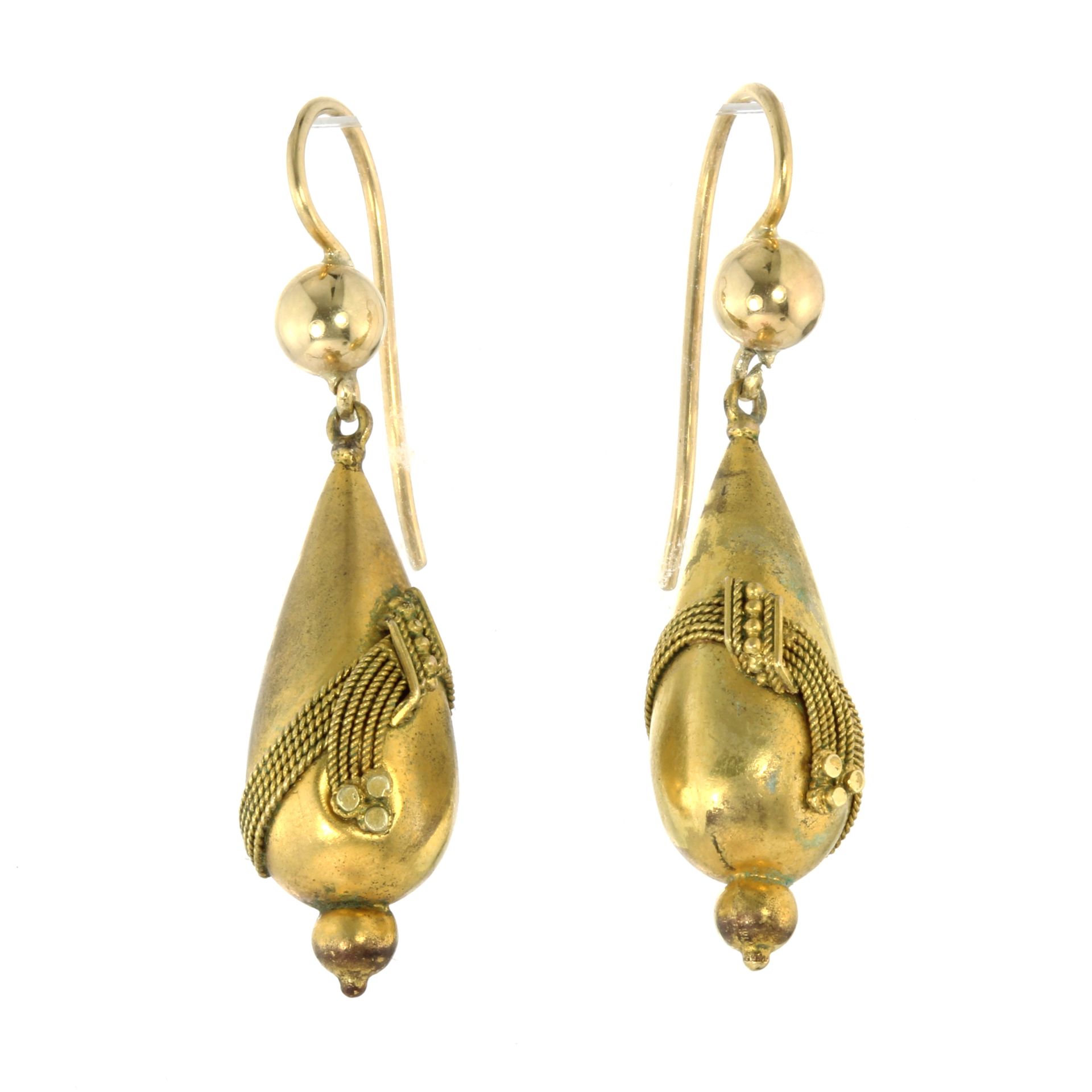 A PAIR OF ANTIQUE DROP EARRINGS in high carat yellow gold, each designed as a tapering drop with