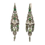 A PAIR OF ANTIQUE EMERALD AND DIAMOND EARRINGS, SPANISH CIRCA 1780 in silver, the articulated bodies
