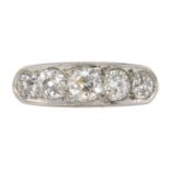 AN ANTIQUE DIAMOND FIVE STONE RING in platinum or white gold, set with five graduated old round