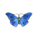 AN ANTIQUE ENAMEL BUTTERFLY BROOCH in sterling silver, designed as a butterfly, its body and wings