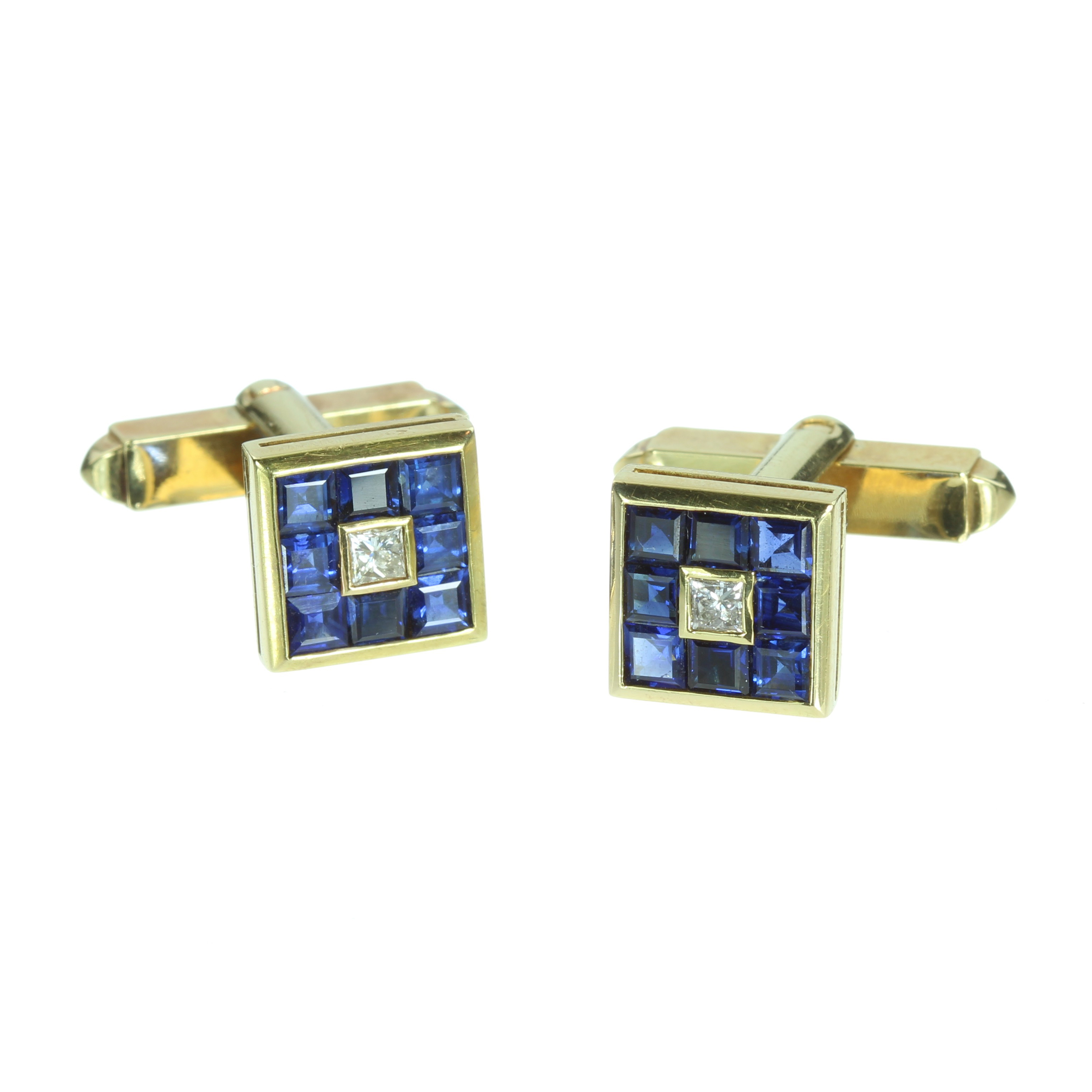 A PAIR OF BLUE SAPPHIRE AND DIAMOND CUFFLINKS in high carat gold each square face set with a