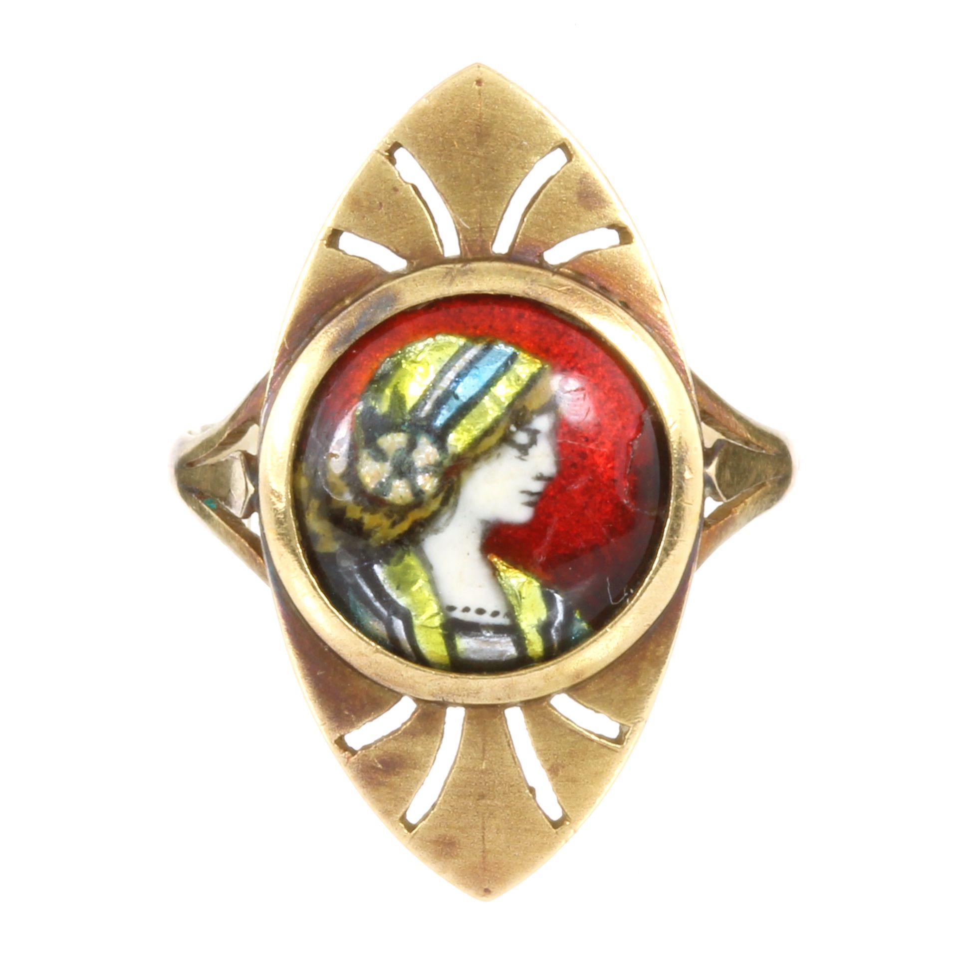 A LIMOGES ENAMEL DRESS RING in 18ct yellow gold set with a central Limoges enamel roundel