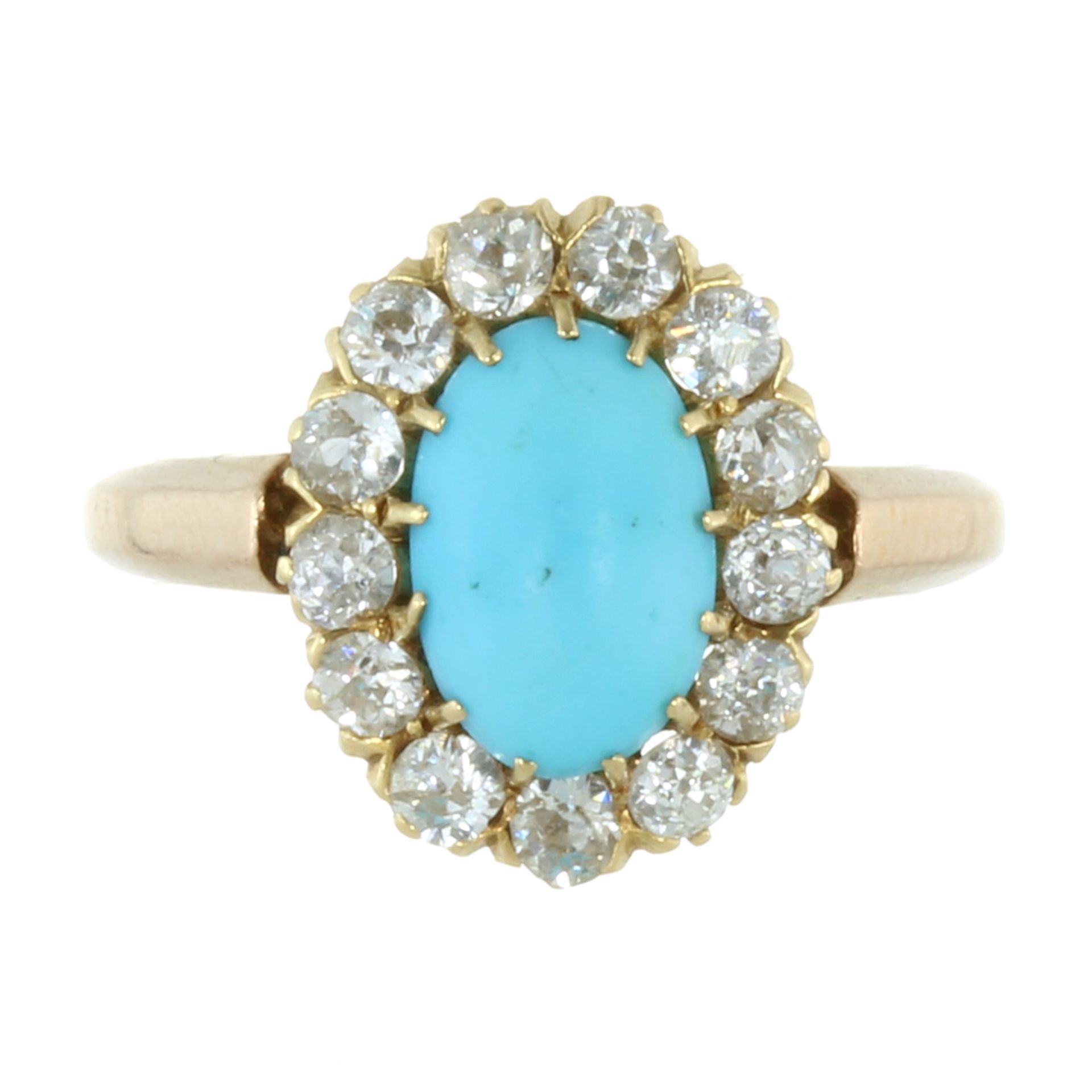 AN ANTIQUE TURQUOISE AND DIAMOND DRESS RING in high carat yellow gold, set with a central oval