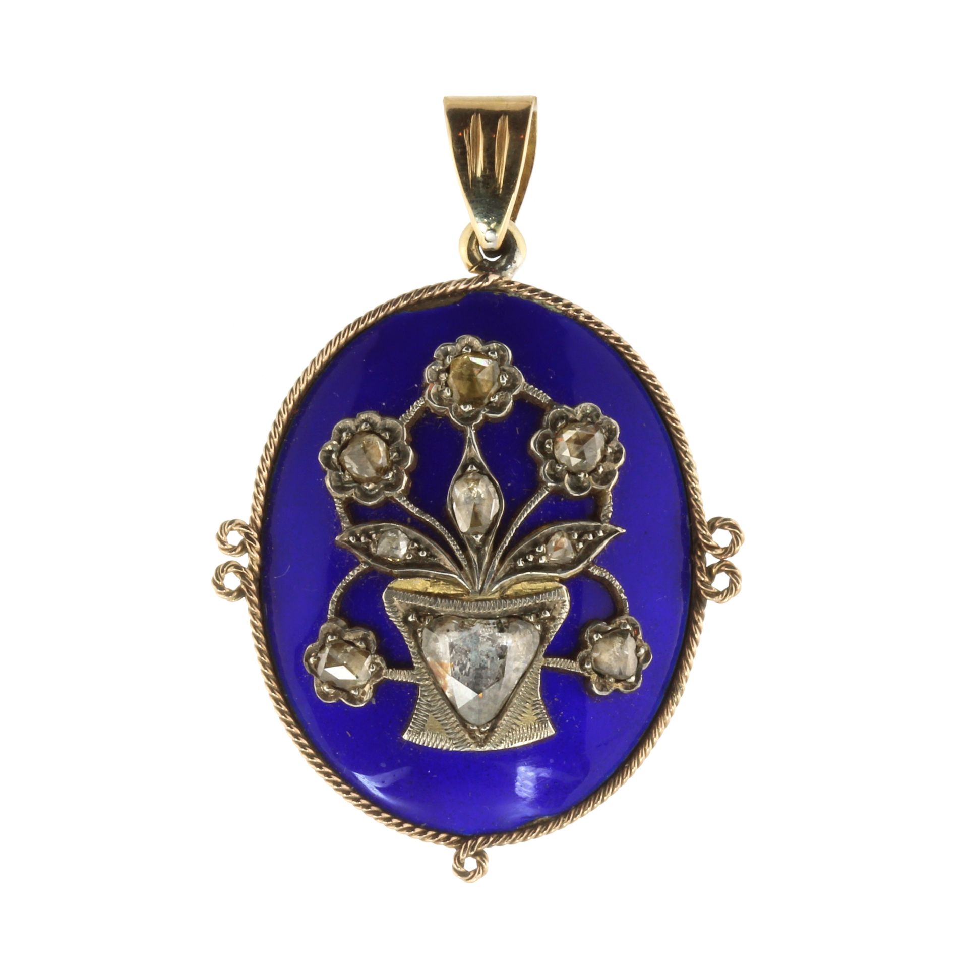 AN ANTIQUE DIAMOND AND ENAMEL PENDANT CIRCA 1825 in high carat yellow gold the oval face decorated