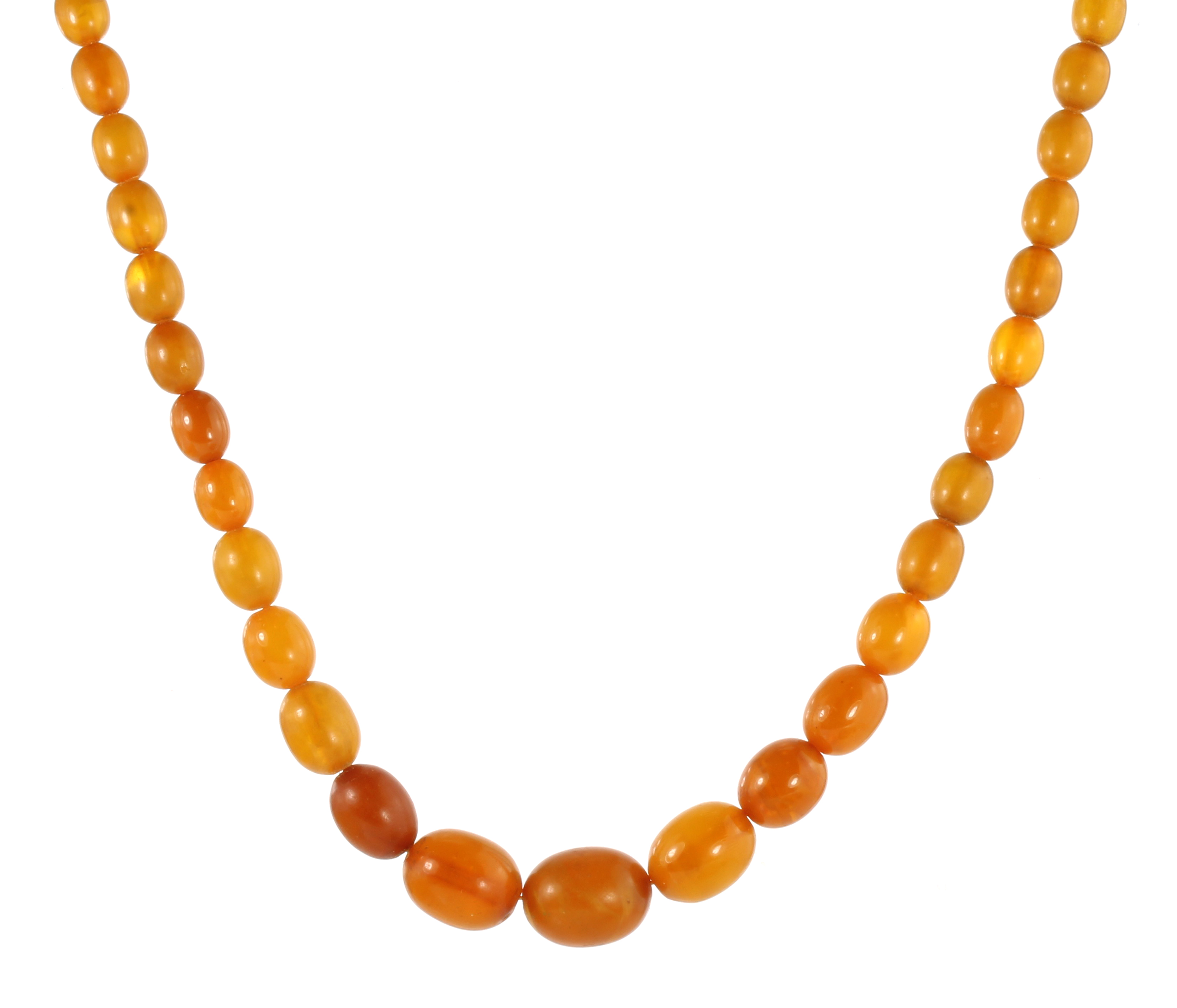 A NATURAL AMBER BEAD NECKLACE comprising a single row of seventy-six graduated polished oval beads