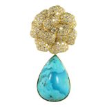 A TURQUOISE AND DIAMOND PENDANT, GIOVANE in 18ct yellow gold, designed as a large flower jewelled