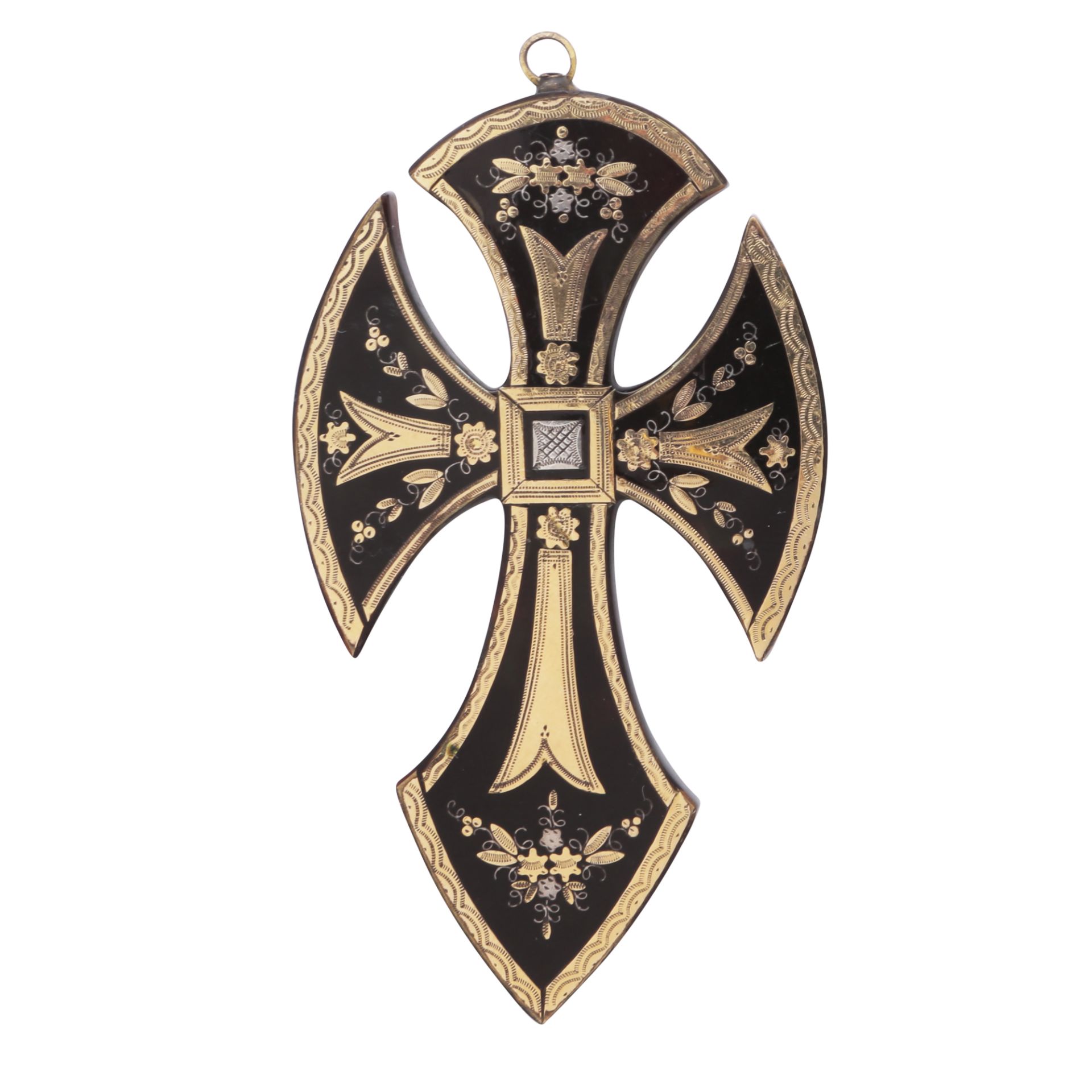 AN ANTIQUE TORTOISESHELL PIQUE PENDANT in high carat yellow and white gold designed as a cross