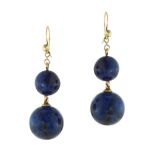 A PAIR OF LAPIS LAZULI BEAD EARRINGS each with two graduated polished lapis lazuli beads suspended