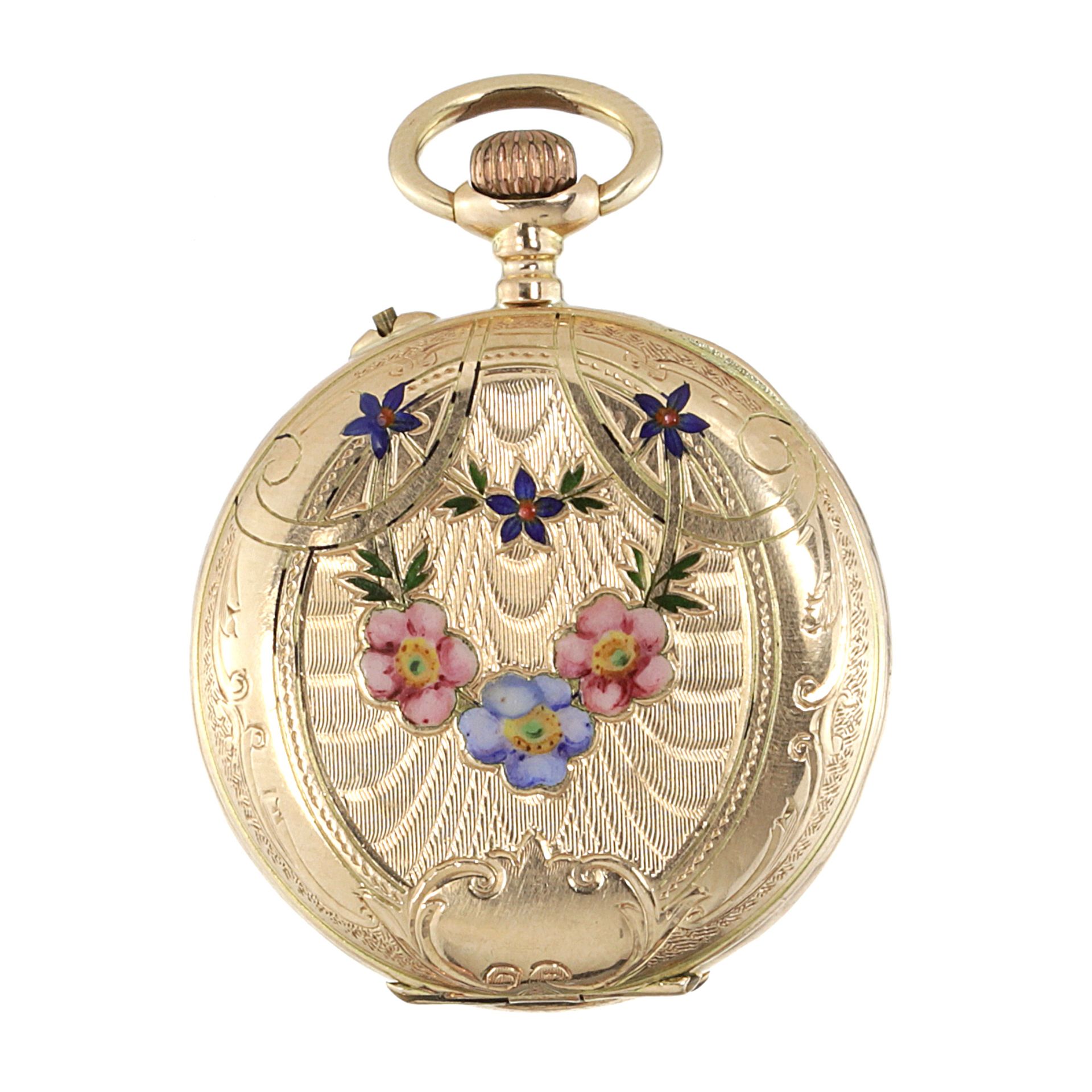 AN ENAMEL POCKET WATCH in high carat yellow gold, the circular case with engraved foliate