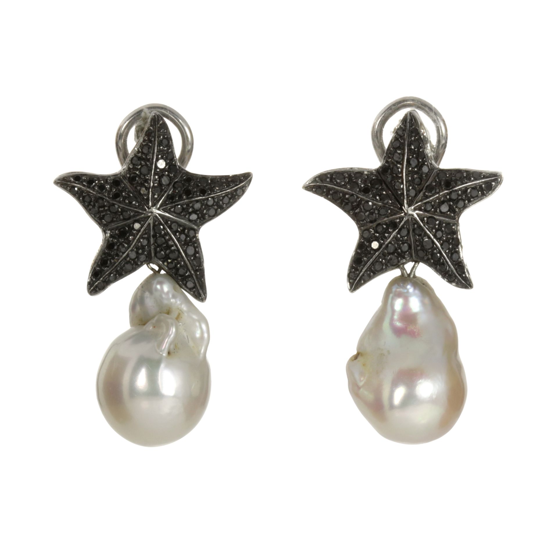 A PAIR OF PEARL AND BLACK DIAMOND EARRINGS in white gold, each set with a large baroque pearl