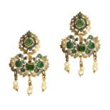 A PAIR OF ANTIQUE SPANISH NATURAL PEARL AND PASTE EMERALD EARRINGS, VALENCIAN CIRCA 1800 in high