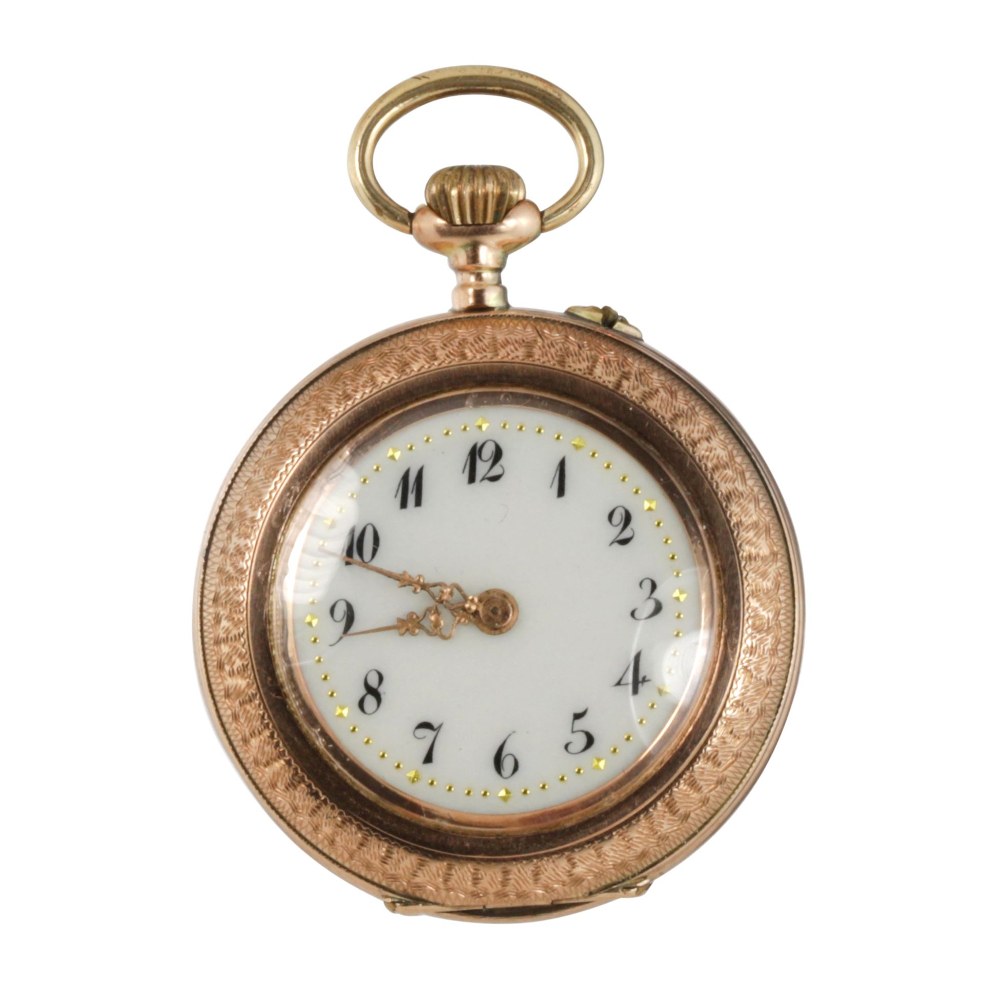 A POCKET WATCH the circular body decorated with bright cut foliate scroll decoration, 4.2cm, 18.9g. - Bild 2 aus 2