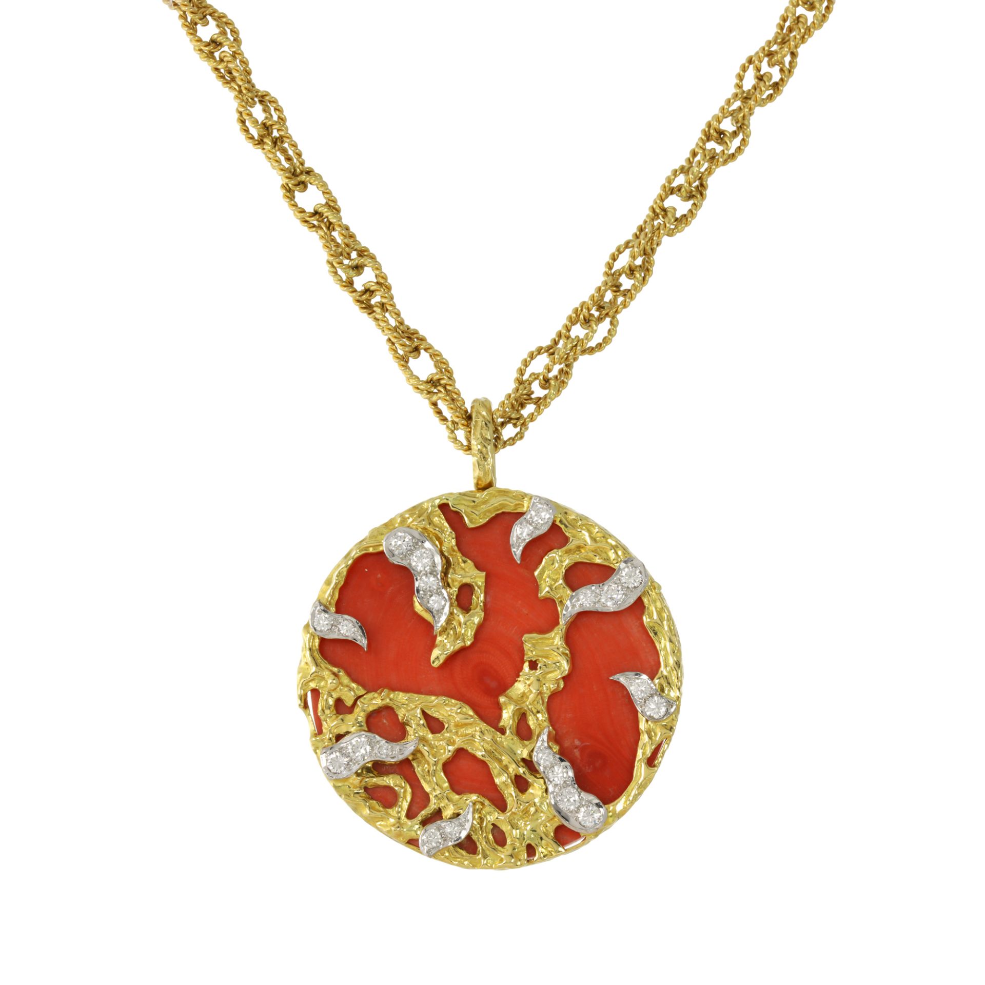 A VINTAGE CORAL AND DIAMOND PENDANT AND CHAIN, KUTCHINSKY 1971 in 18ct yellow gold set with a