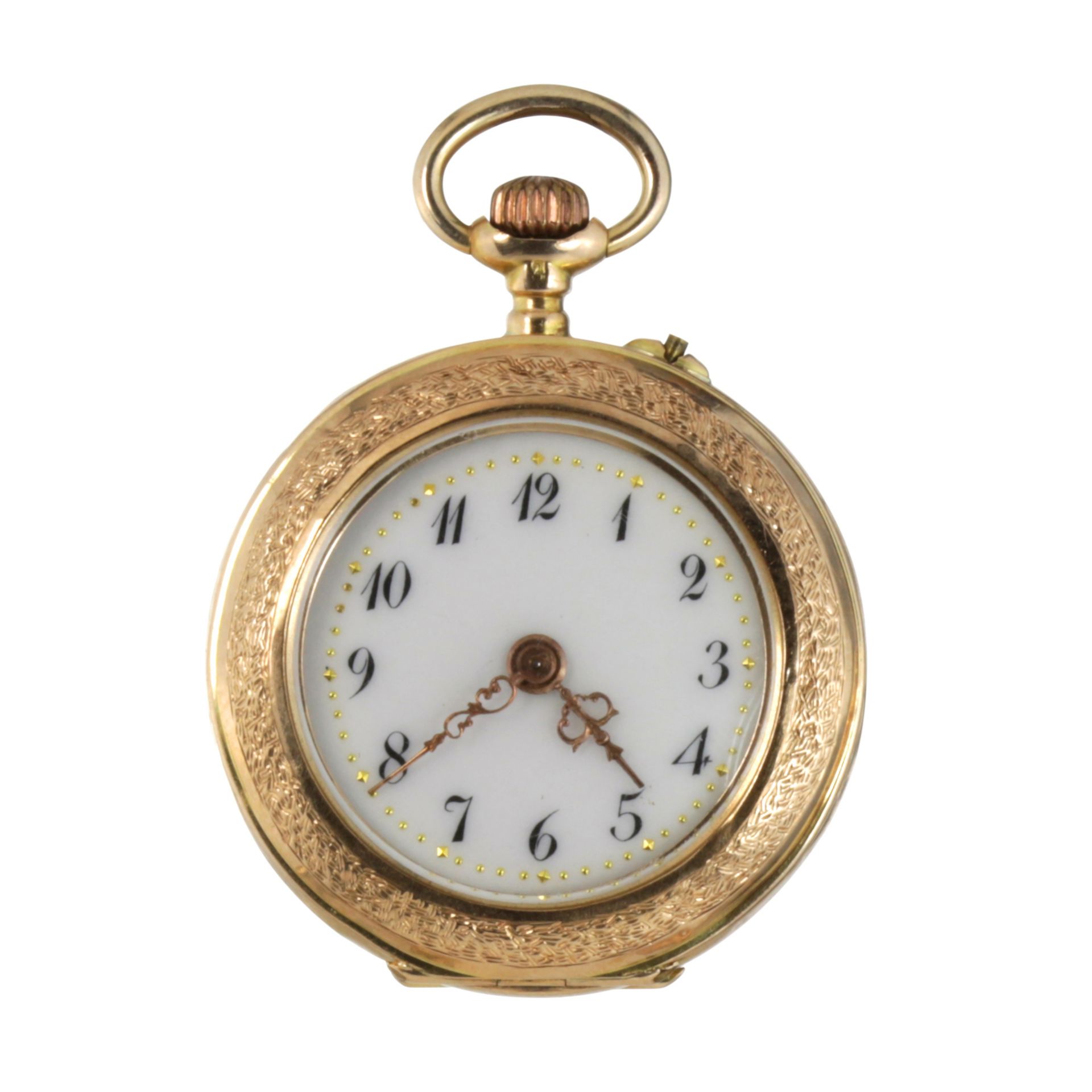 AN ENAMEL POCKET WATCH in high carat yellow gold, the circular case with engraved foliate - Image 2 of 2
