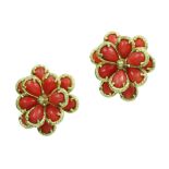 A PAIR OF VINTAGE CORAL CLIP EARRINGS, BOUCHERON in 18ct yellow gold each designed as a floral