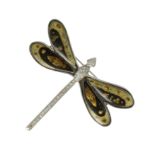 A DIAMOND AND ENAMEL DRAGONFLY BROOCH in 18ct white gold, designed as a dragonfly, its body jewelled
