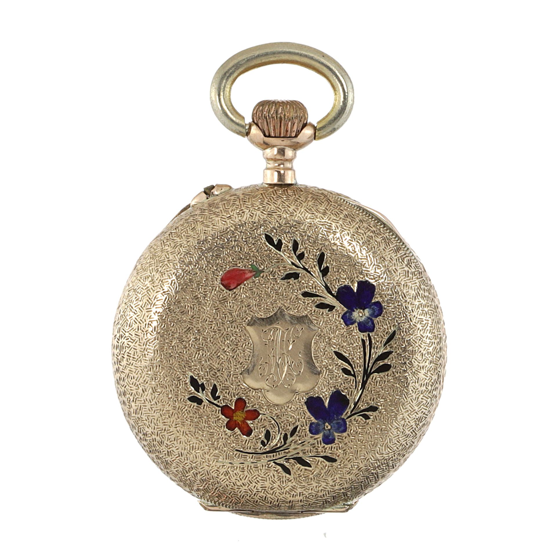 AN ENAMEL POCKET WATCH the circular case decorated with textured engraving and varicoloured enamel