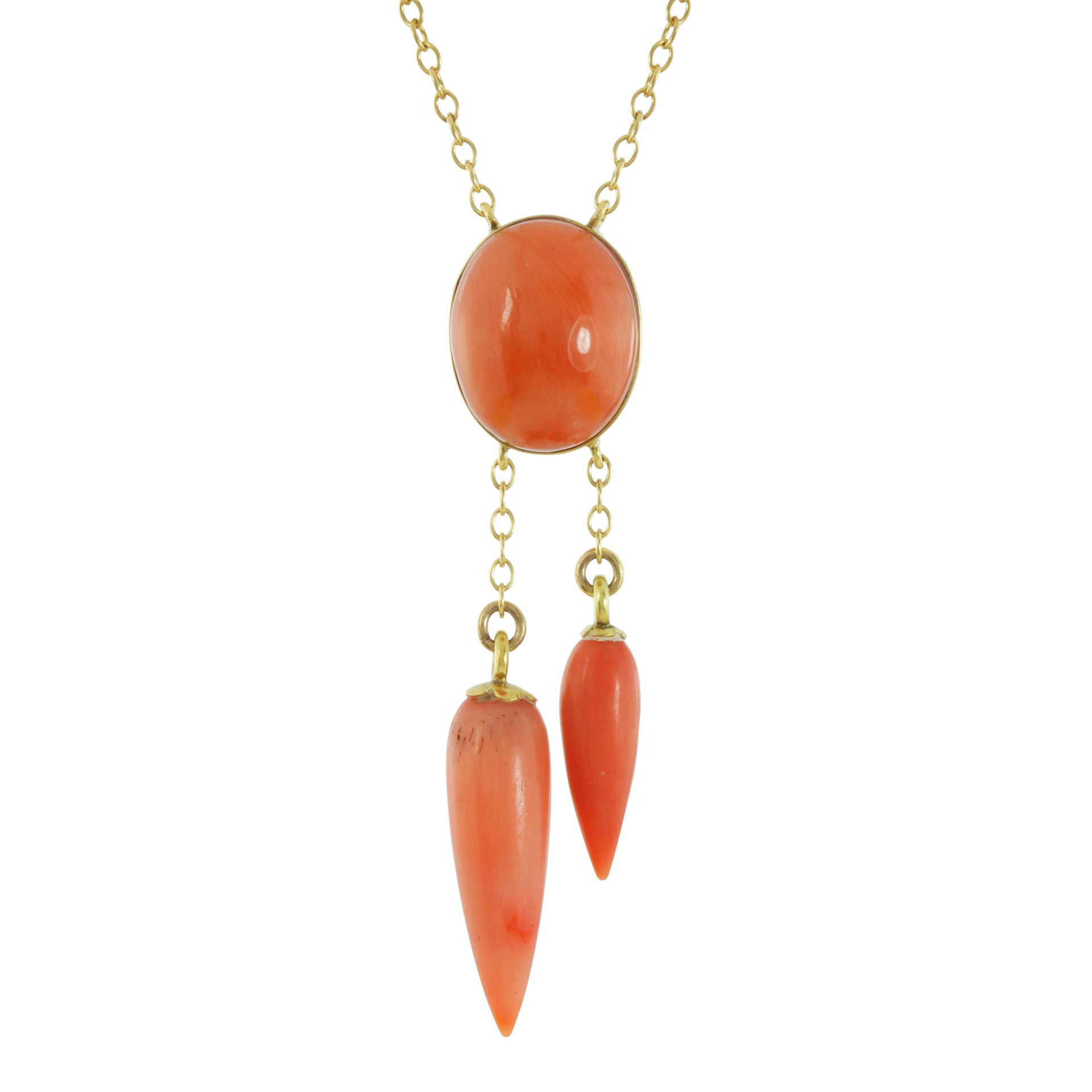 A CORAL LAVALIER PENDANT in yellow gold, set with a central oval coral cabochon suspending two