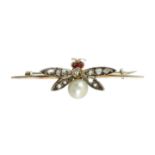 A RUBY, DIAMOND AND PEARL INSECT BROOCH in high carat yellow gold, designed as am insect, its body