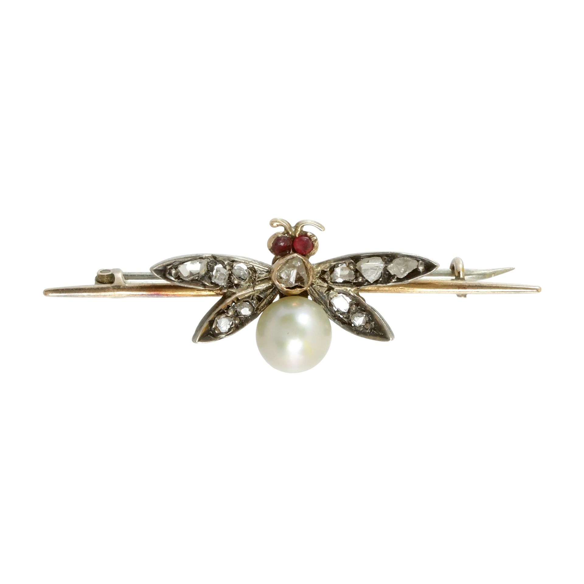 A RUBY, DIAMOND AND PEARL INSECT BROOCH in high carat yellow gold, designed as am insect, its body